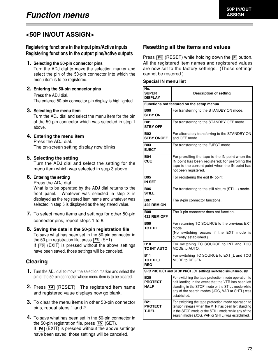 Function menus, 50p in/out assign | Panasonic HD1700pe User Manual | Page 73 / 134