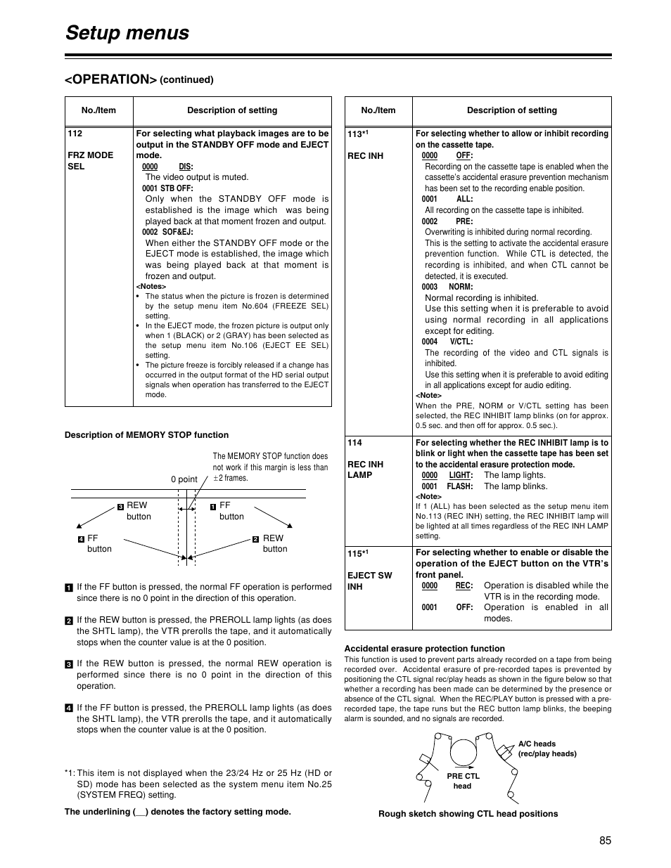Setup menus, Operation | Panasonic HD1700pe User Manual | Page 85 / 134