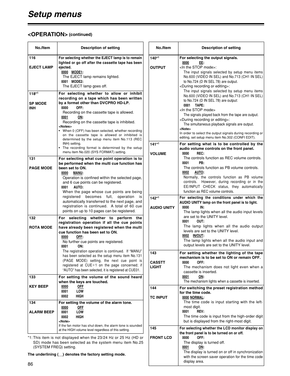 Setup menus, Operation | Panasonic HD1700pe User Manual | Page 86 / 134