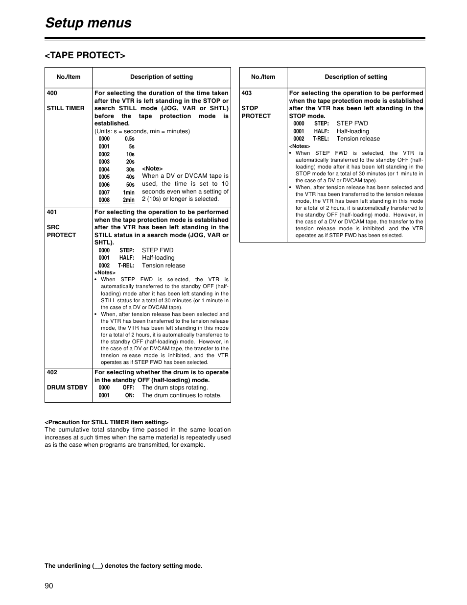 Setup menus, Tape protect | Panasonic HD1700pe User Manual | Page 90 / 134