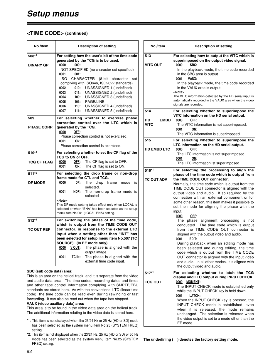 Setup menus, Time code | Panasonic HD1700pe User Manual | Page 92 / 134