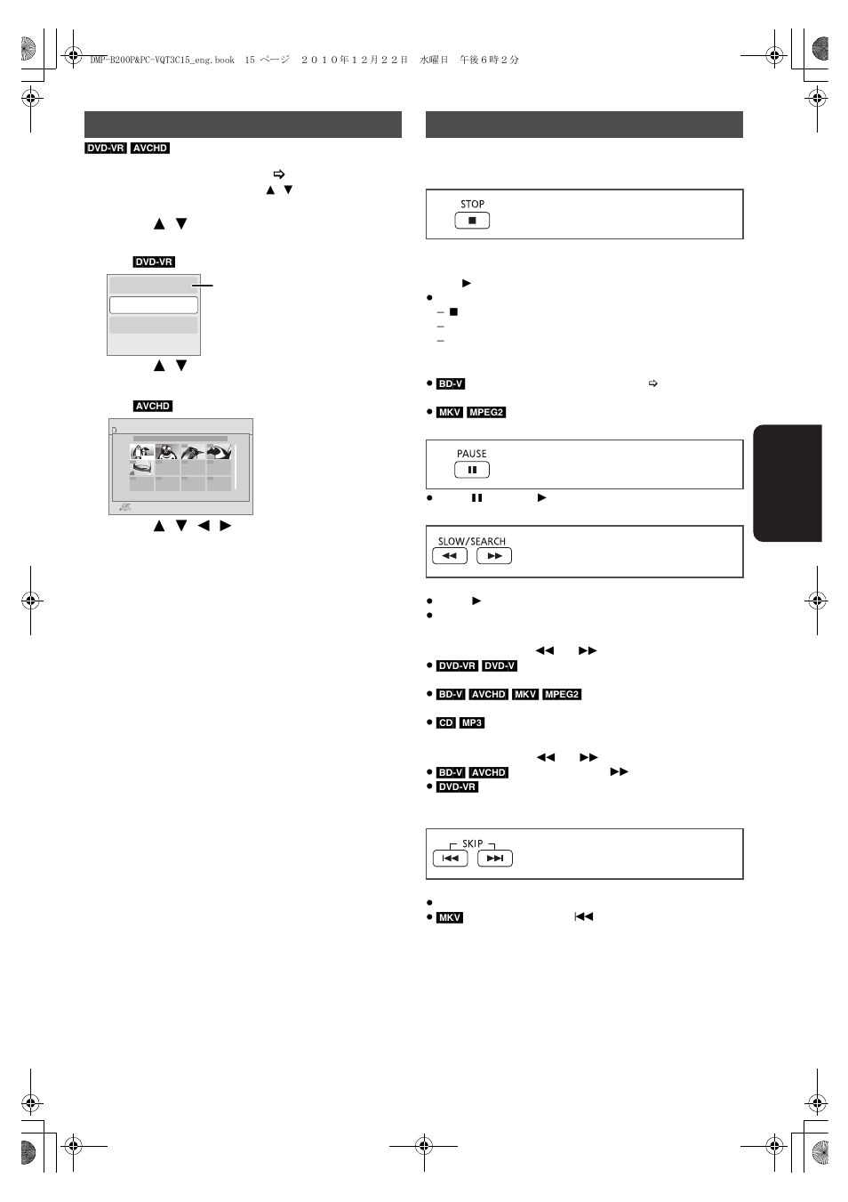 Playing chapters or playlists, Other operations during play, Insert a disc or sd card ( > 13) | Stop pause search/slow-motion skip | Panasonic DMP-B200 User Manual | Page 15 / 44