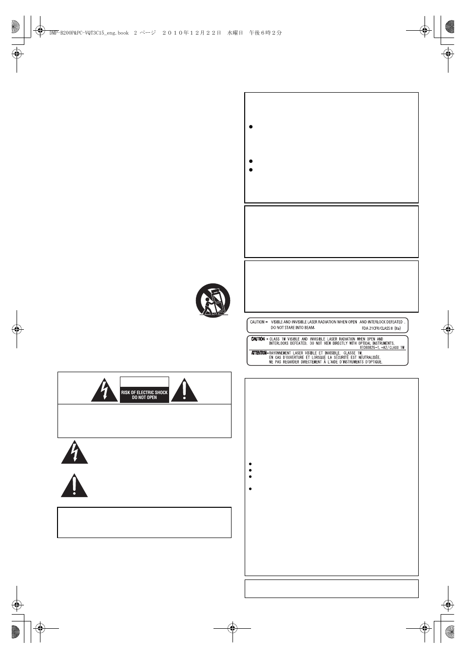 Important safety instructions, Caution warning | Panasonic DMP-B200 User Manual | Page 2 / 44