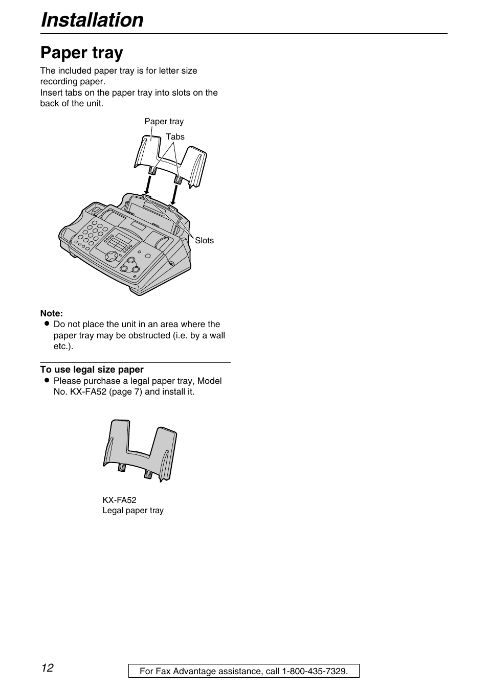 Installation, Paper tray | Panasonic KX-FHD331 User Manual | Page 12 / 92