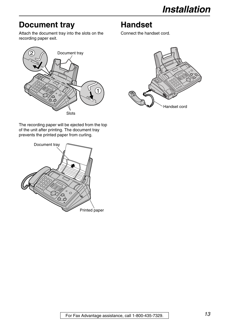 Installation, Document tray, Handset | Panasonic KX-FHD331 User Manual | Page 13 / 92