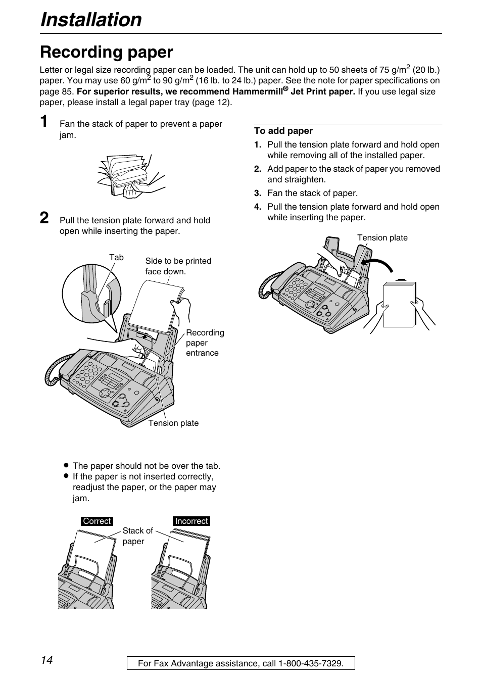 Installation, Recording paper | Panasonic KX-FHD331 User Manual | Page 14 / 92