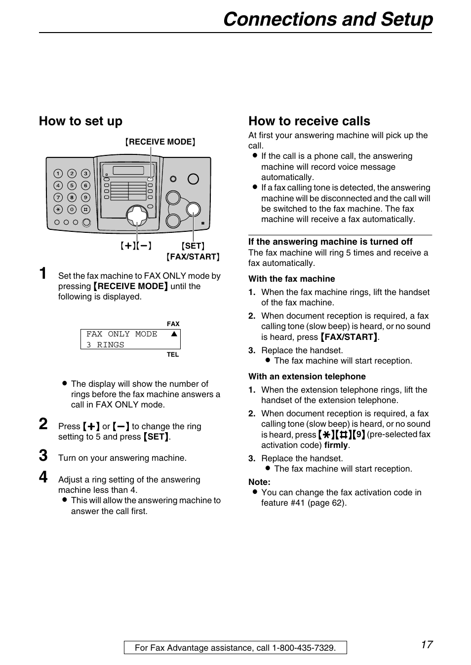 Connections and setup, How to set up, How to receive calls | Panasonic KX-FHD331 User Manual | Page 17 / 92