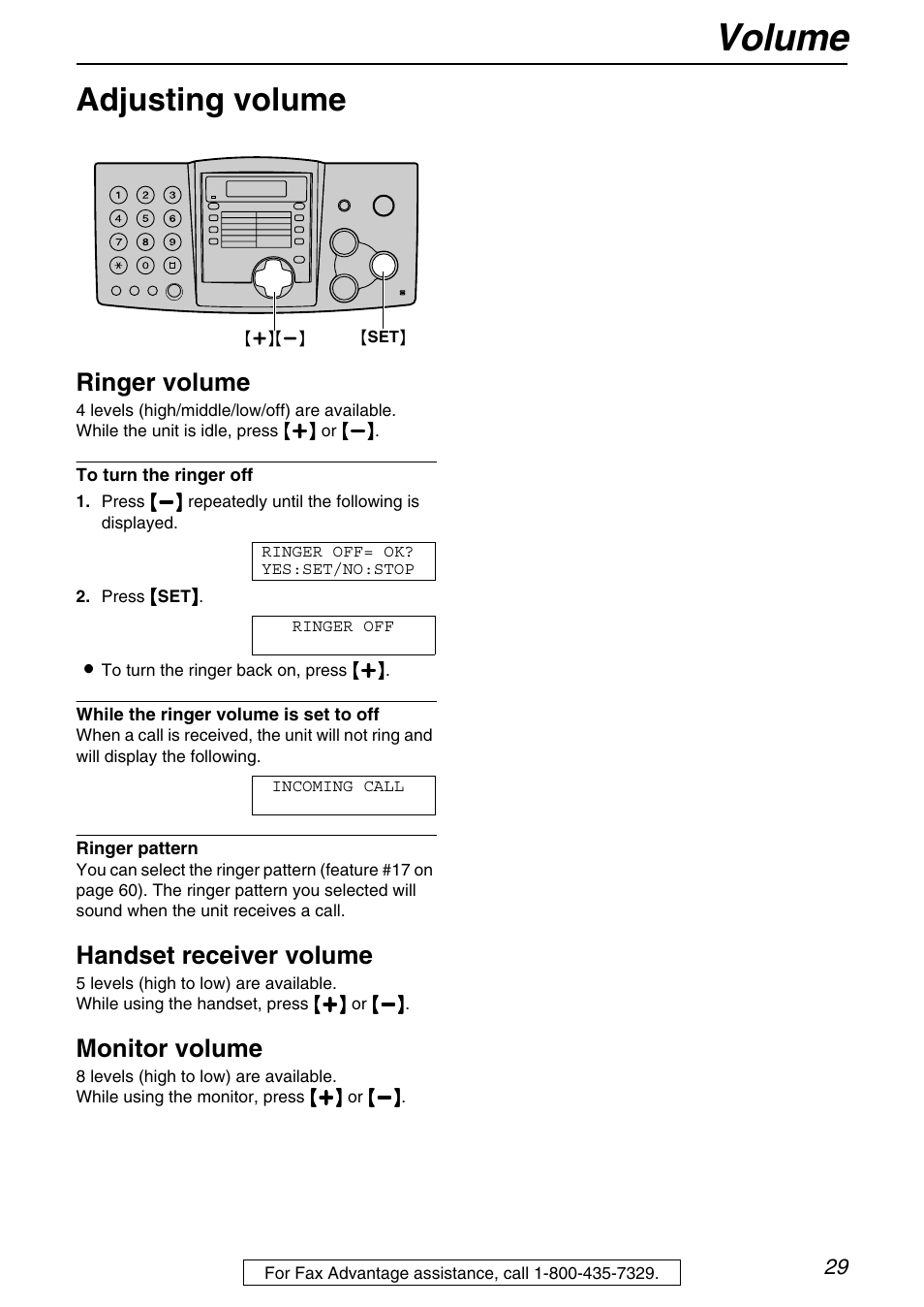 Volume, Adjusting volume, Ringer volume | Handset receiver volume, Monitor volume | Panasonic KX-FHD331 User Manual | Page 29 / 92