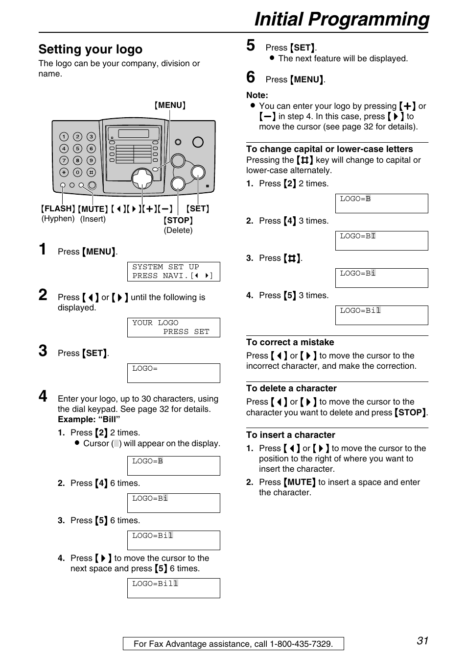 Initial programming, Setting your logo | Panasonic KX-FHD331 User Manual | Page 31 / 92