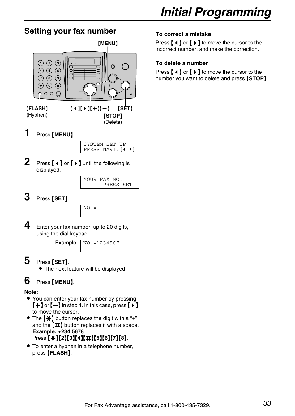 Initial programming, Setting your fax number | Panasonic KX-FHD331 User Manual | Page 33 / 92