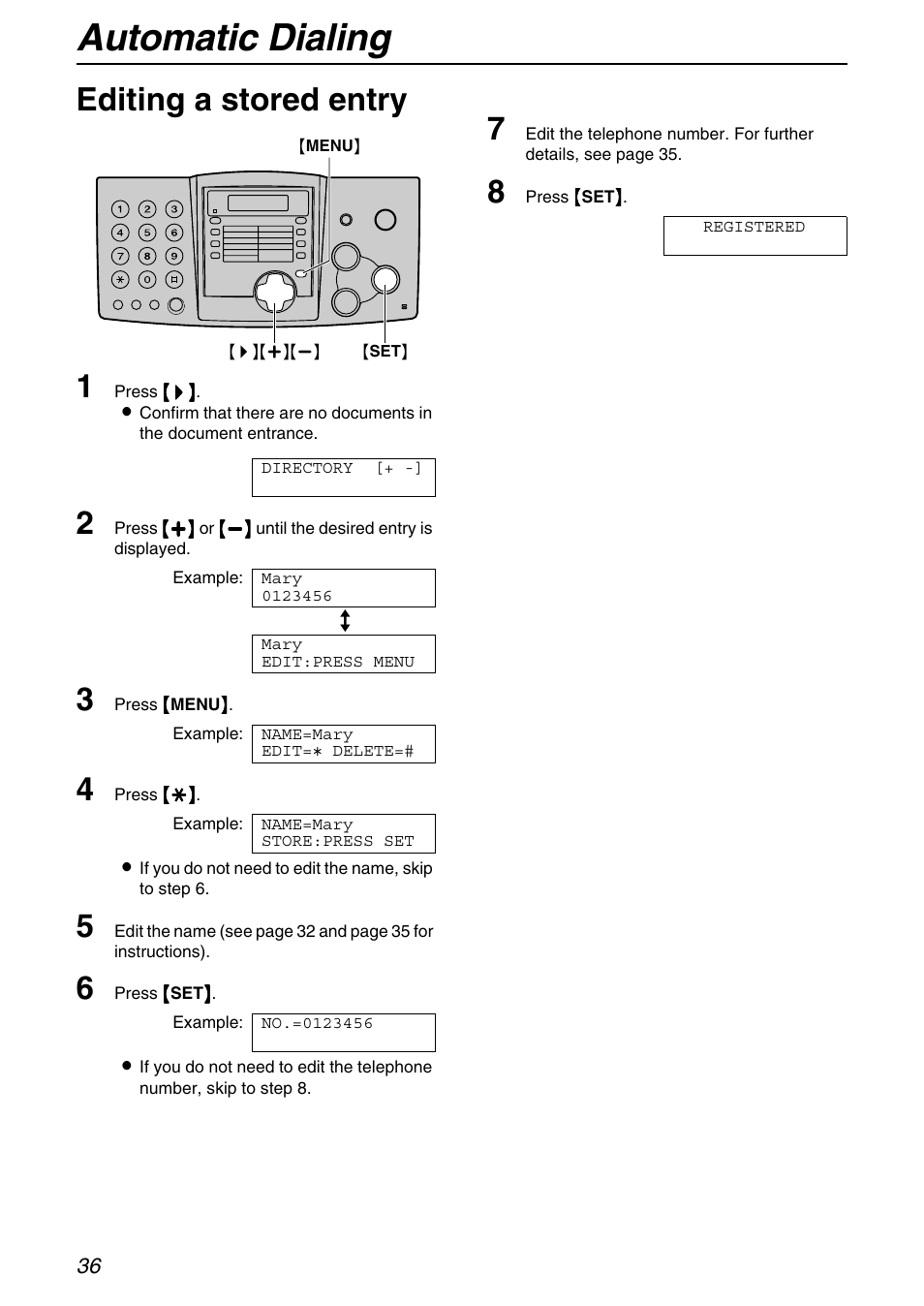 Automatic dialing, Editing a stored entry 1 | Panasonic KX-FHD331 User Manual | Page 36 / 92