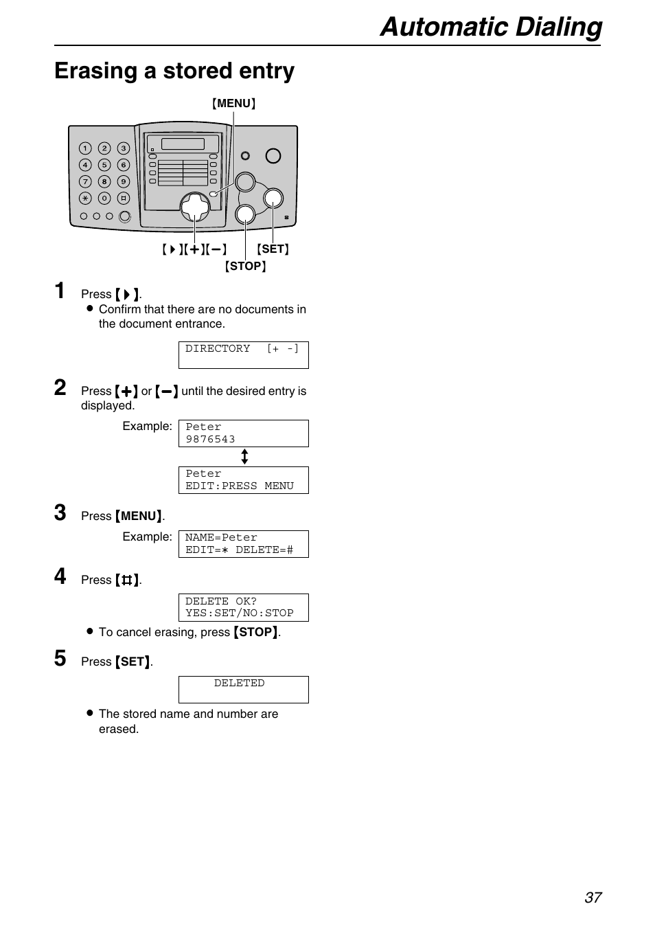 Automatic dialing, Erasing a stored entry 1 | Panasonic KX-FHD331 User Manual | Page 37 / 92