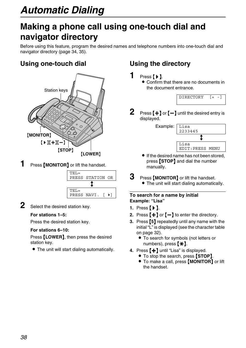 Automatic dialing, Using one-touch dial, Using the directory | Panasonic KX-FHD331 User Manual | Page 38 / 92