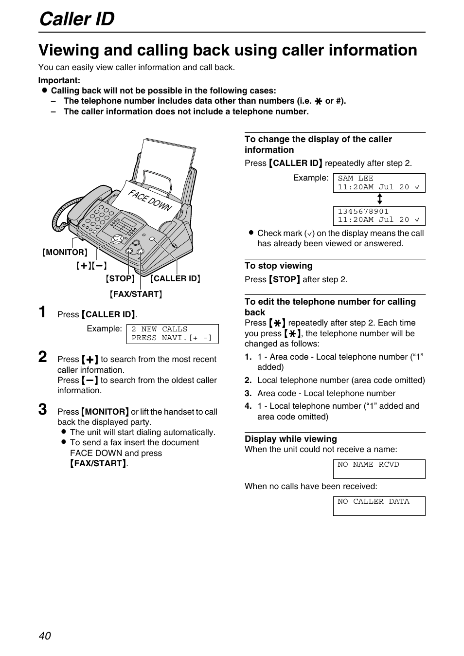 Caller id, Viewing and calling back using caller information | Panasonic KX-FHD331 User Manual | Page 40 / 92