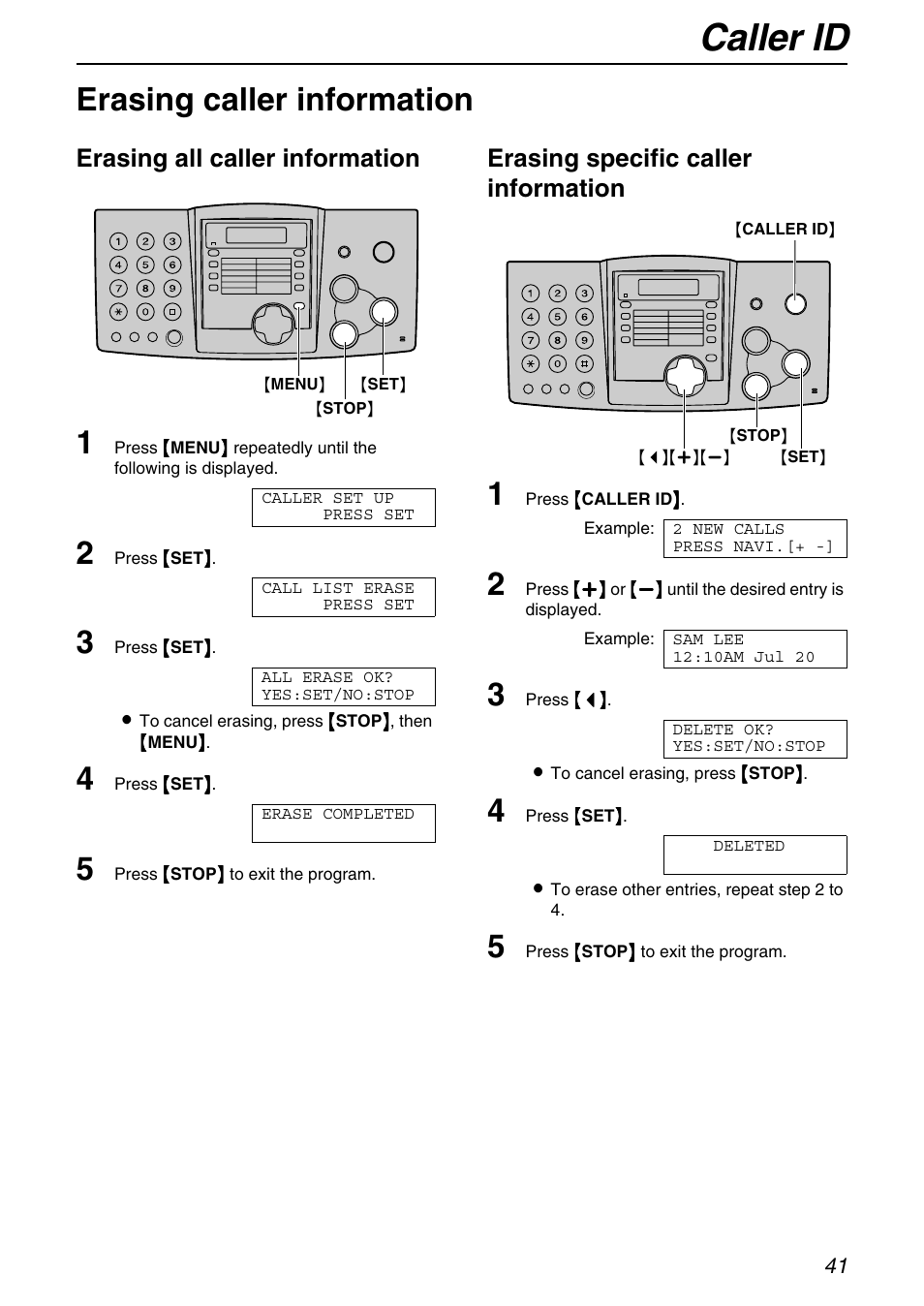 Caller id, Erasing caller information, Erasing all caller information | Erasing specific caller information | Panasonic KX-FHD331 User Manual | Page 41 / 92