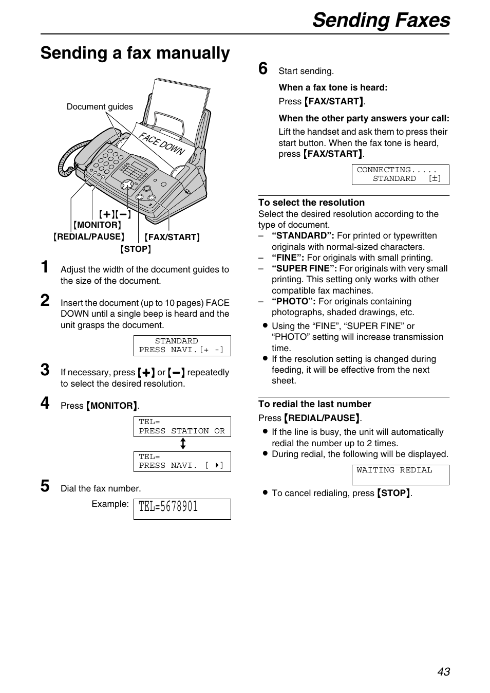 Sending faxes, Sending a fax manually 1 | Panasonic KX-FHD331 User Manual | Page 43 / 92