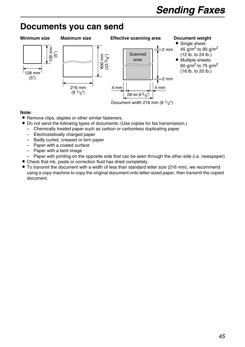 Sending faxes, Documents you can send | Panasonic KX-FHD331 User Manual | Page 45 / 92