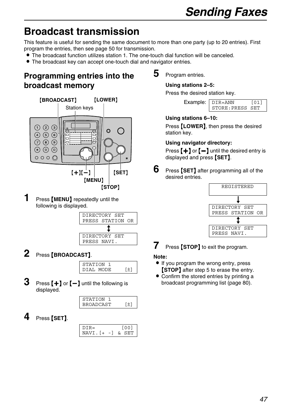 Sending faxes, Broadcast transmission | Panasonic KX-FHD331 User Manual | Page 47 / 92