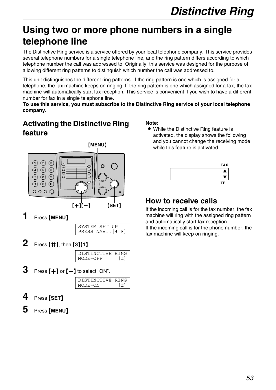 Distinctive ring, Activating the distinctive ring feature, How to receive calls | Panasonic KX-FHD331 User Manual | Page 53 / 92