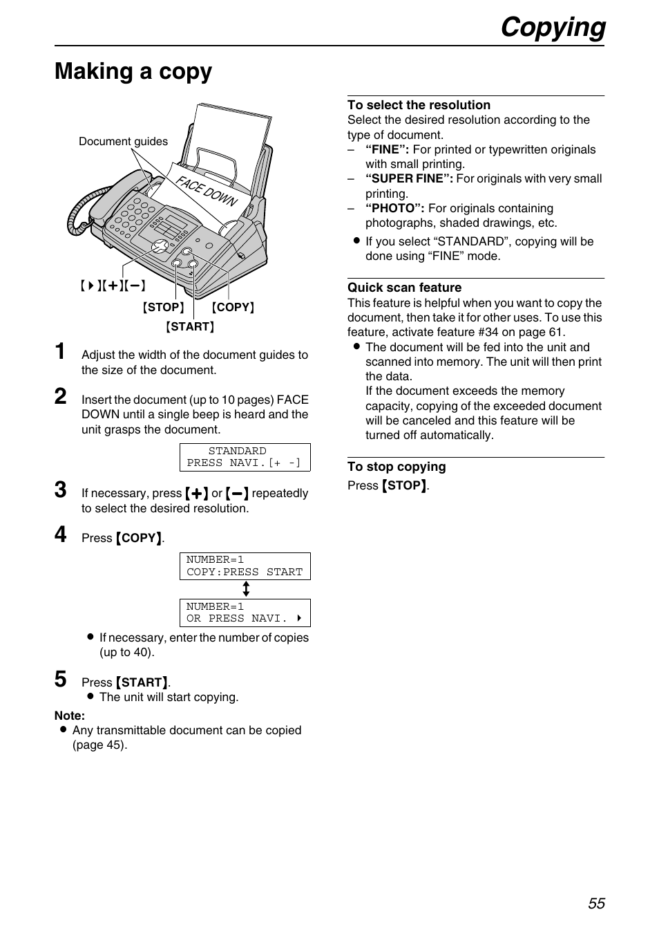 Copy, Copying, Making a copy 1 | Panasonic KX-FHD331 User Manual | Page 55 / 92