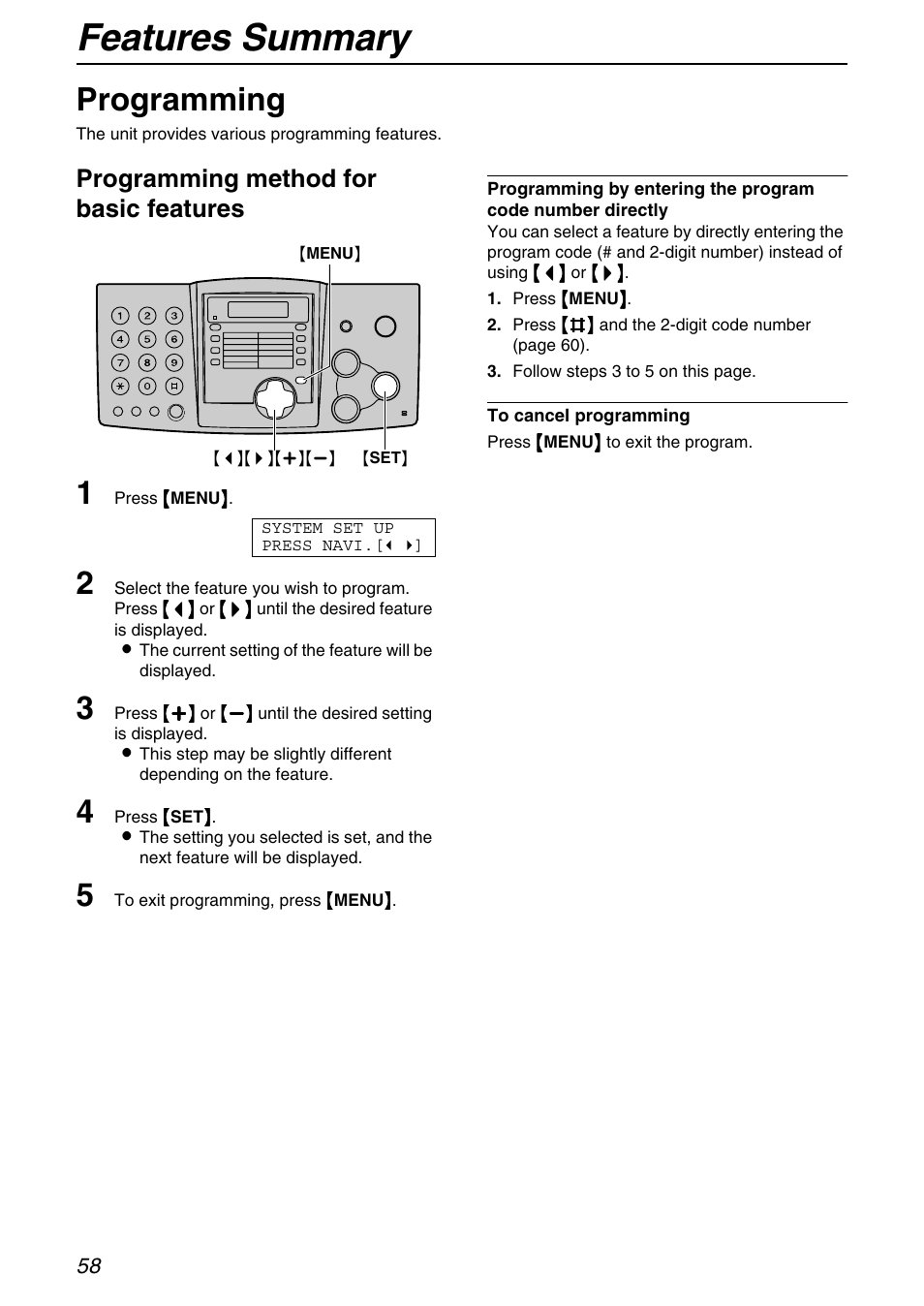 Programmable features, Features summary, Programming | Programming method for basic features | Panasonic KX-FHD331 User Manual | Page 58 / 92