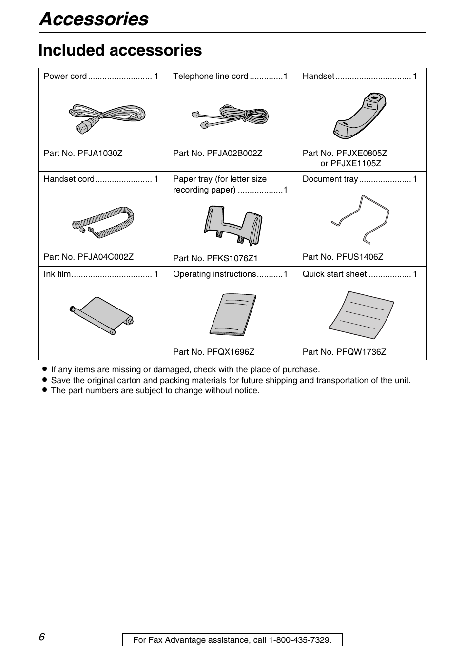 Initial preparation, Accessories, Included accessories | Panasonic KX-FHD331 User Manual | Page 6 / 92