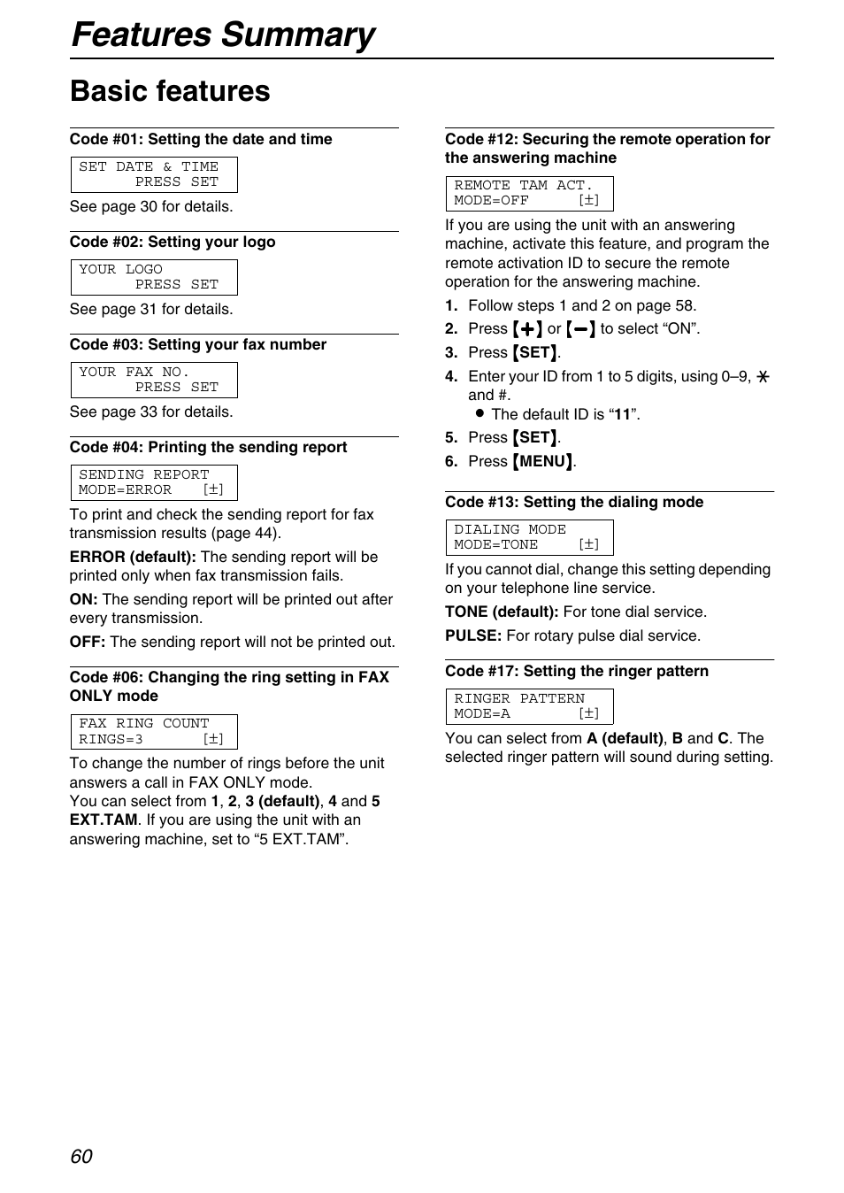 Features summary, Basic features | Panasonic KX-FHD331 User Manual | Page 60 / 92