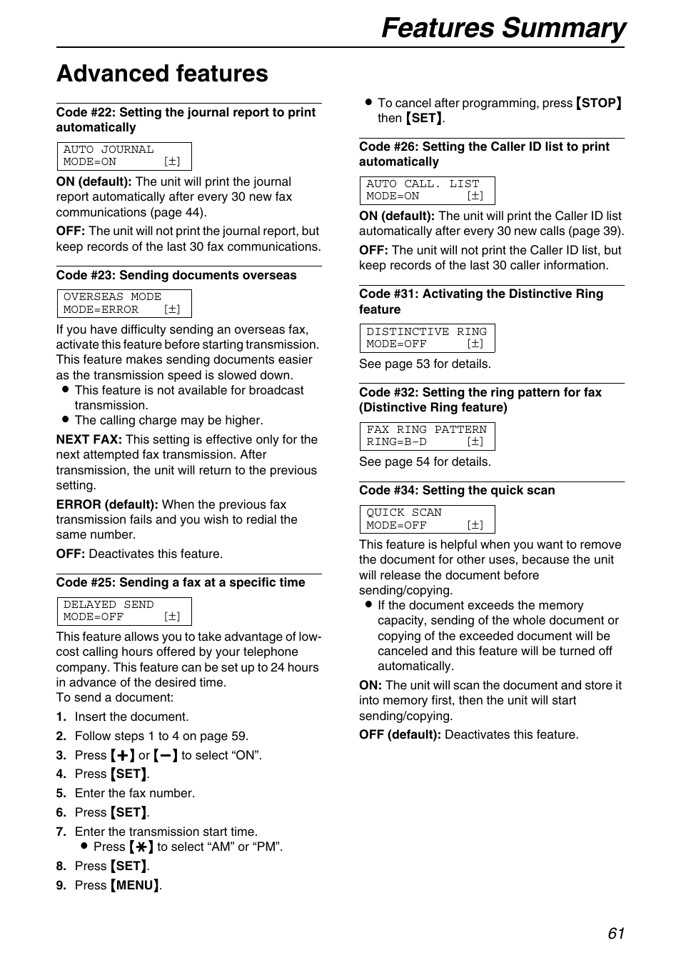 Features summary, Advanced features | Panasonic KX-FHD331 User Manual | Page 61 / 92