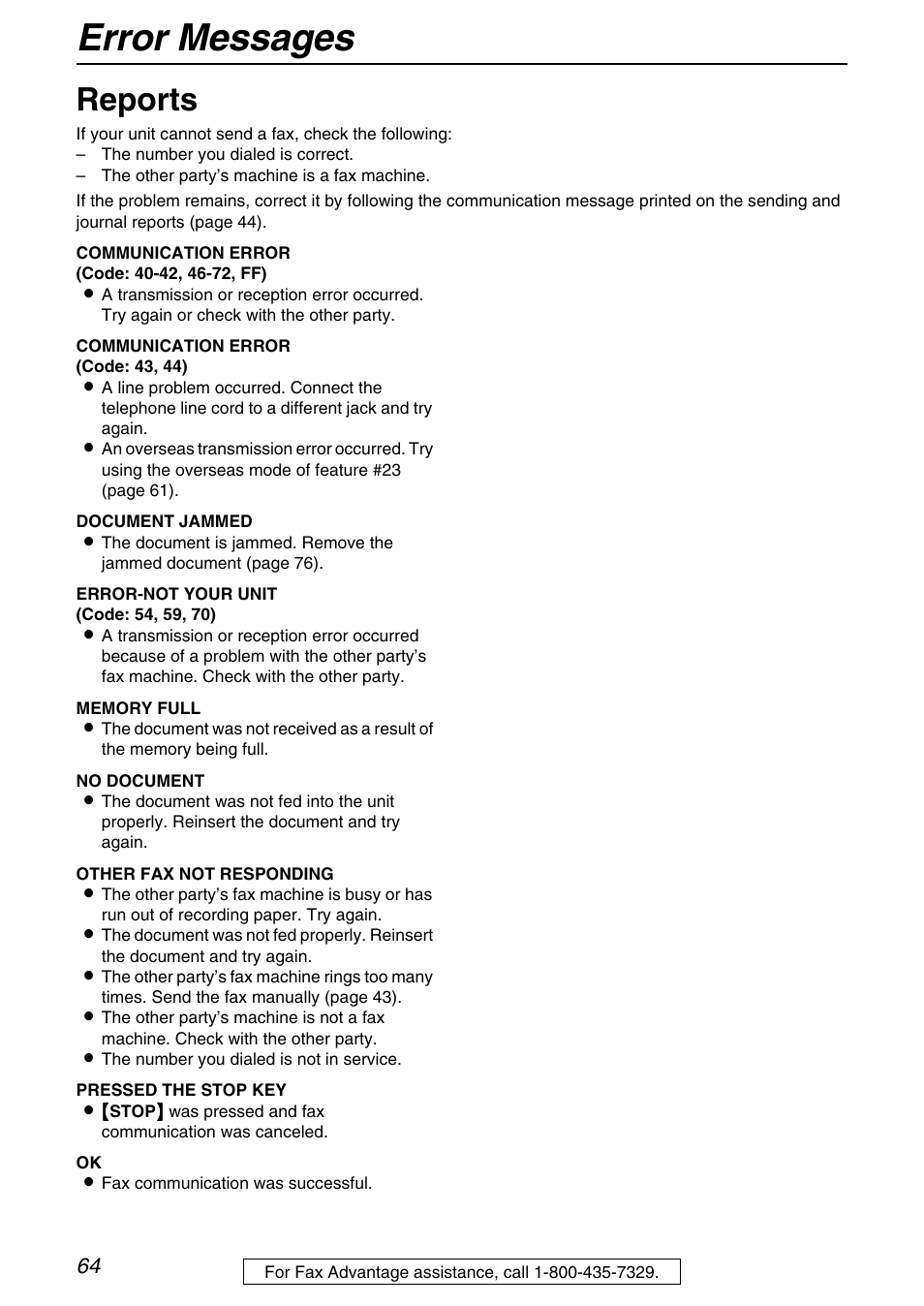 Help, Error messages, Reports | Panasonic KX-FHD331 User Manual | Page 64 / 92