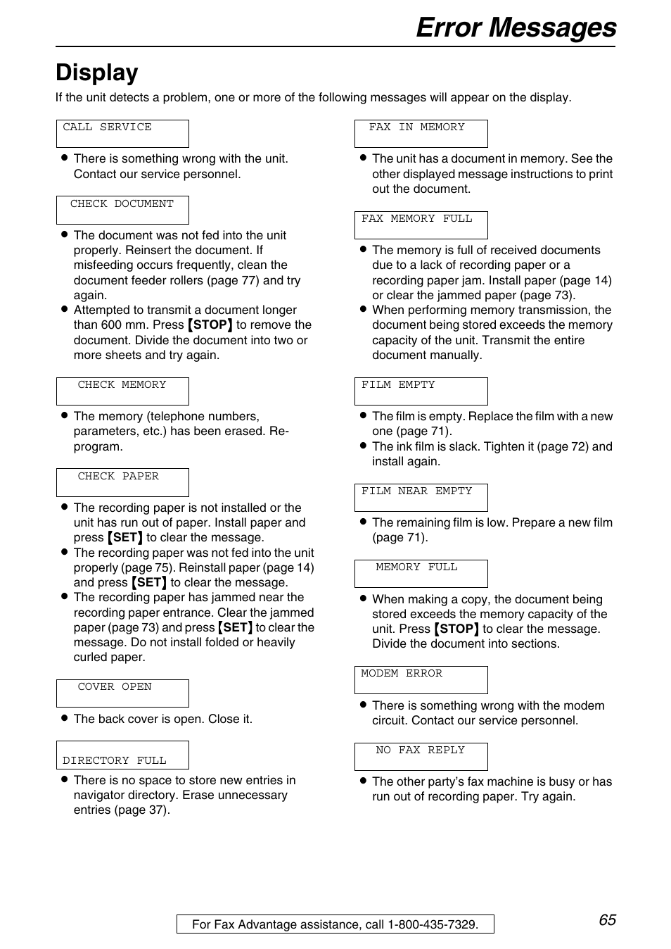 Error messages, Display | Panasonic KX-FHD331 User Manual | Page 65 / 92