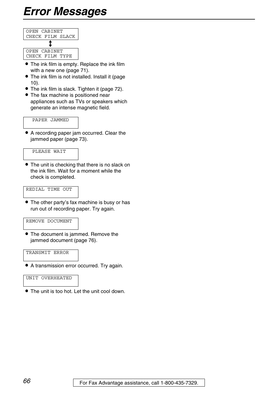 Error messages | Panasonic KX-FHD331 User Manual | Page 66 / 92