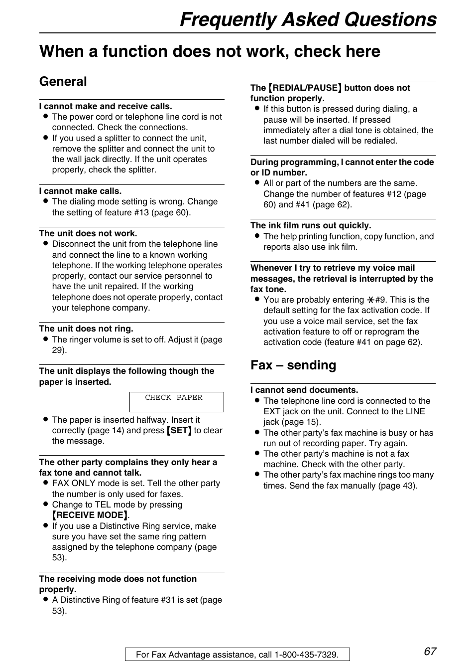 Frequently asked questions, When a function does not work, check here, General | Fax – sending | Panasonic KX-FHD331 User Manual | Page 67 / 92