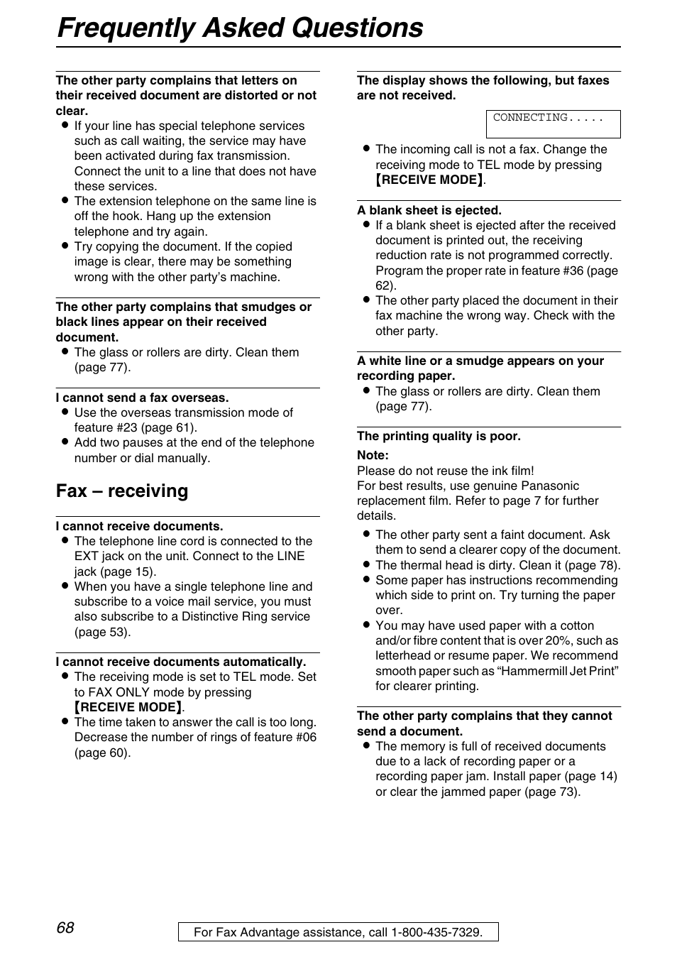 Frequently asked questions, Fax – receiving | Panasonic KX-FHD331 User Manual | Page 68 / 92