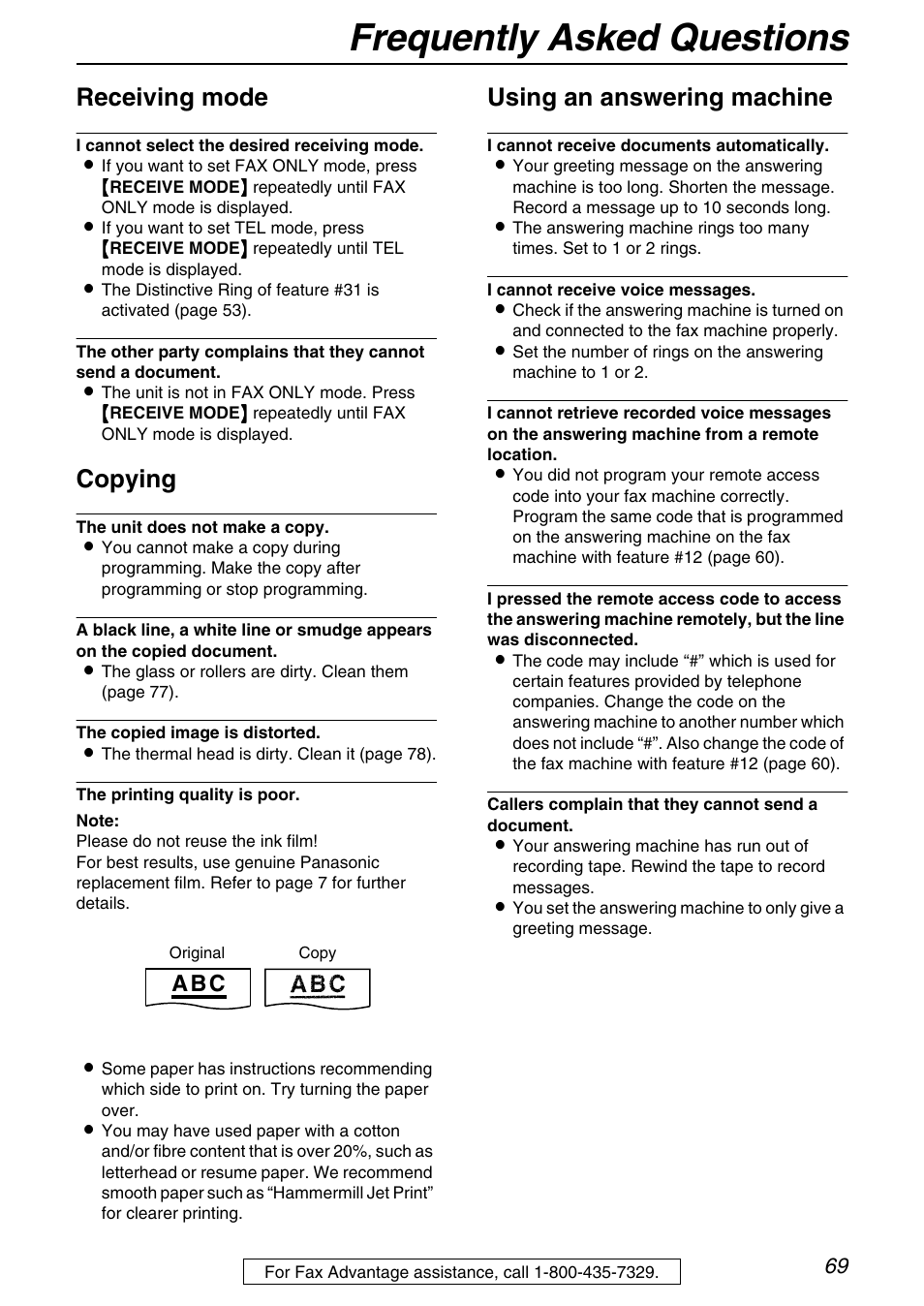 Frequently asked questions, Receiving mode, Copying | Using an answering machine, A b c | Panasonic KX-FHD331 User Manual | Page 69 / 92