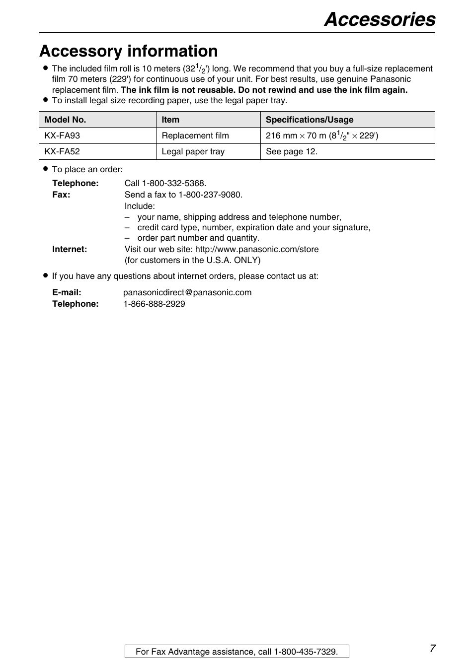 Accessories, Accessory information | Panasonic KX-FHD331 User Manual | Page 7 / 92