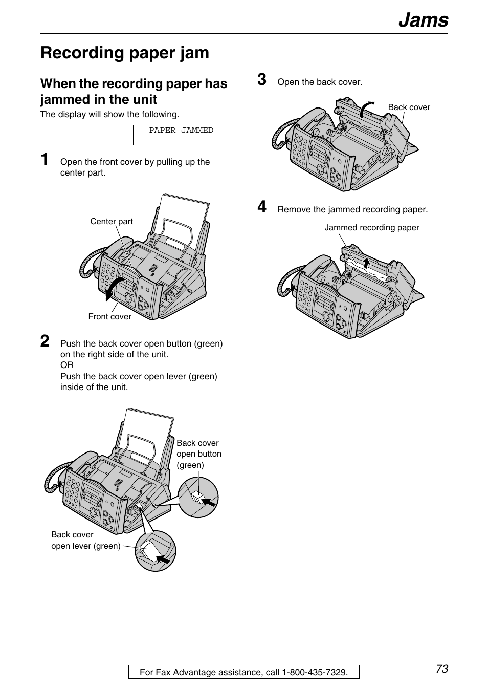 Jams, Recording paper jam, When the recording paper has jammed in the unit | Panasonic KX-FHD331 User Manual | Page 73 / 92