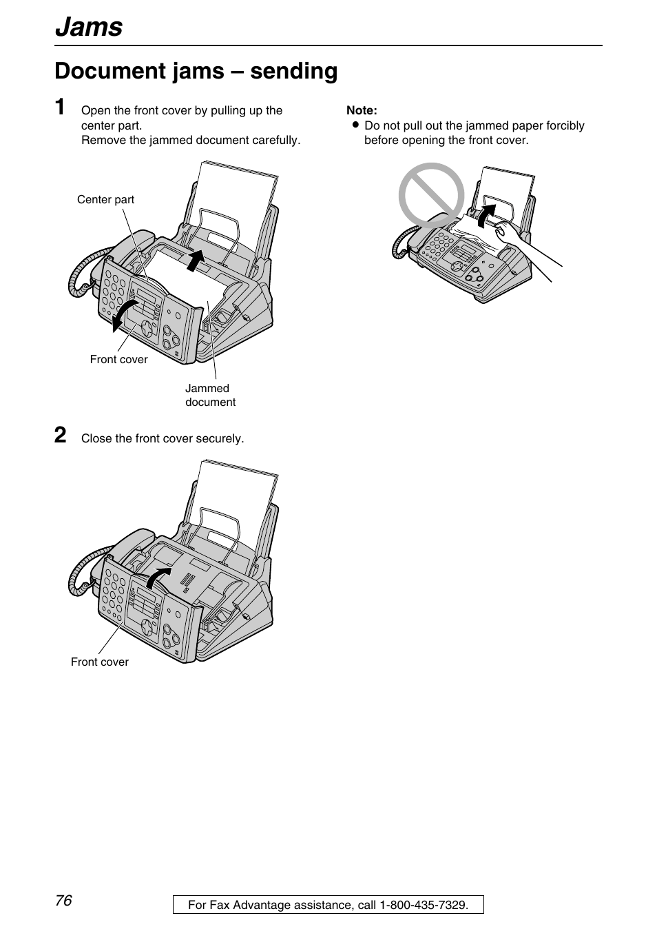 Jams, Document jams – sending 1 | Panasonic KX-FHD331 User Manual | Page 76 / 92