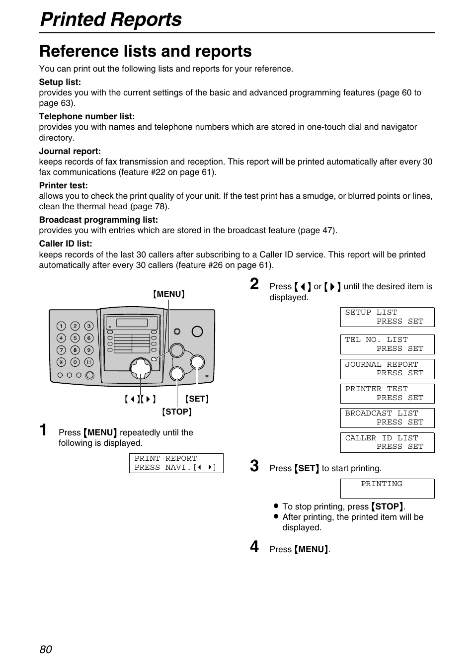 General information, Printed reports, Reference lists and reports | Panasonic KX-FHD331 User Manual | Page 80 / 92