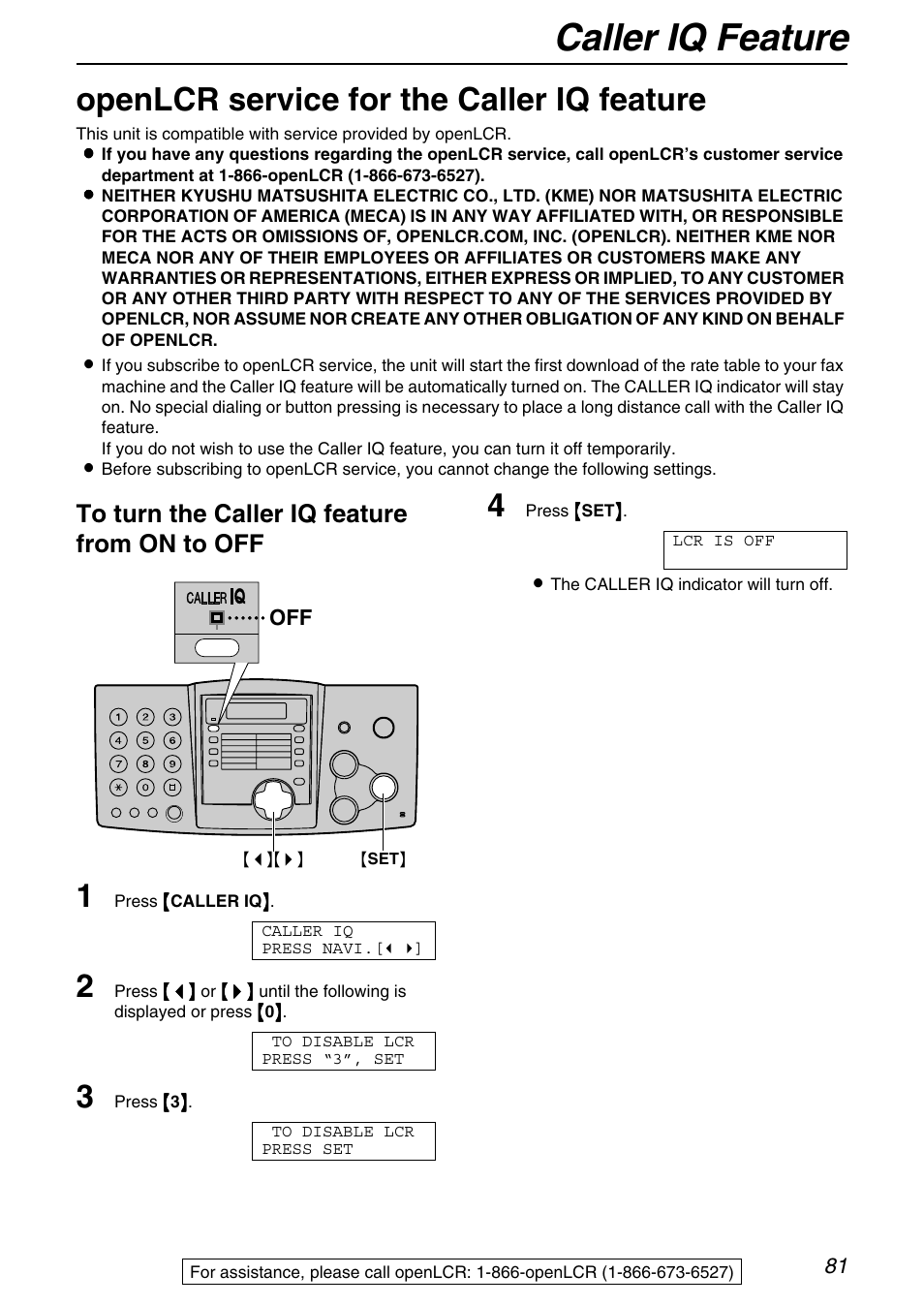 Caller iq feature, Openlcr service for the caller iq feature | Panasonic KX-FHD331 User Manual | Page 81 / 92