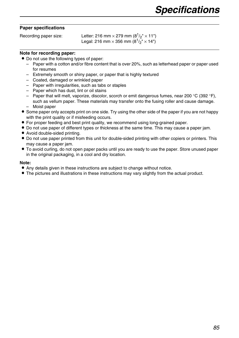 Specifications | Panasonic KX-FHD331 User Manual | Page 85 / 92