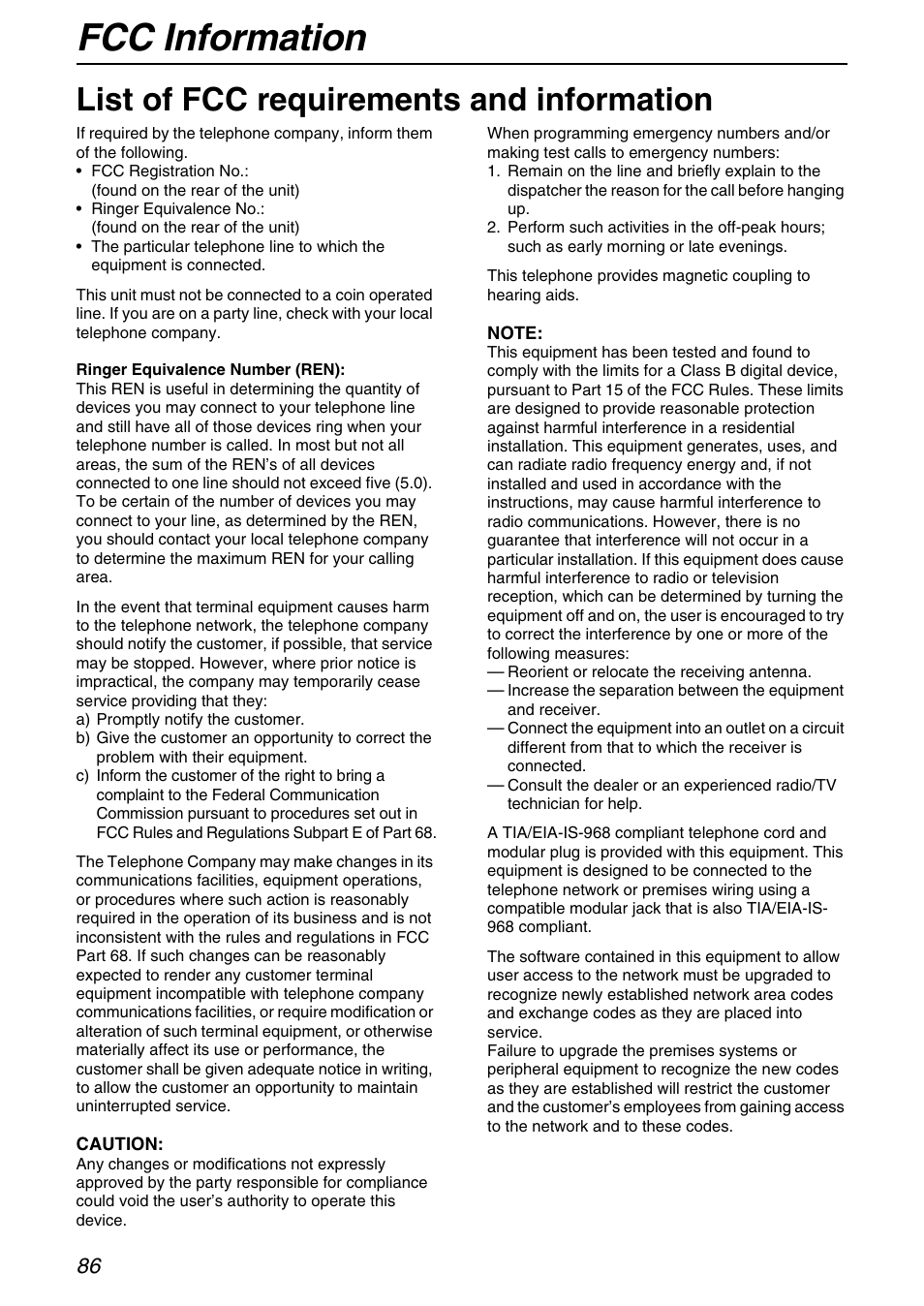 Fcc information, List of fcc requirements and information | Panasonic KX-FHD331 User Manual | Page 86 / 92