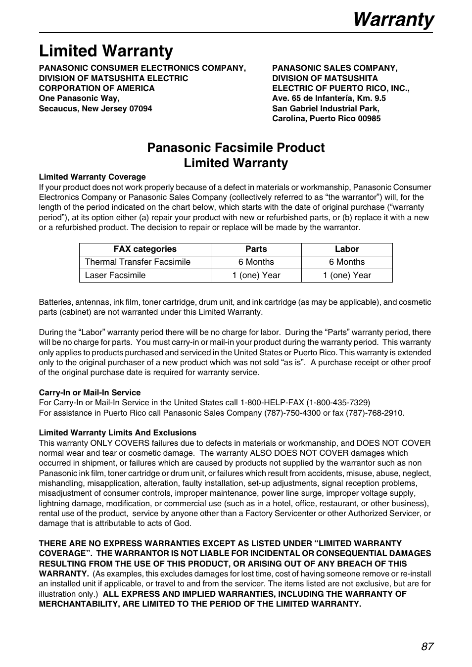 Warranty, Limited warranty, Panasonic facsimile product limited warranty | Panasonic KX-FHD331 User Manual | Page 87 / 92