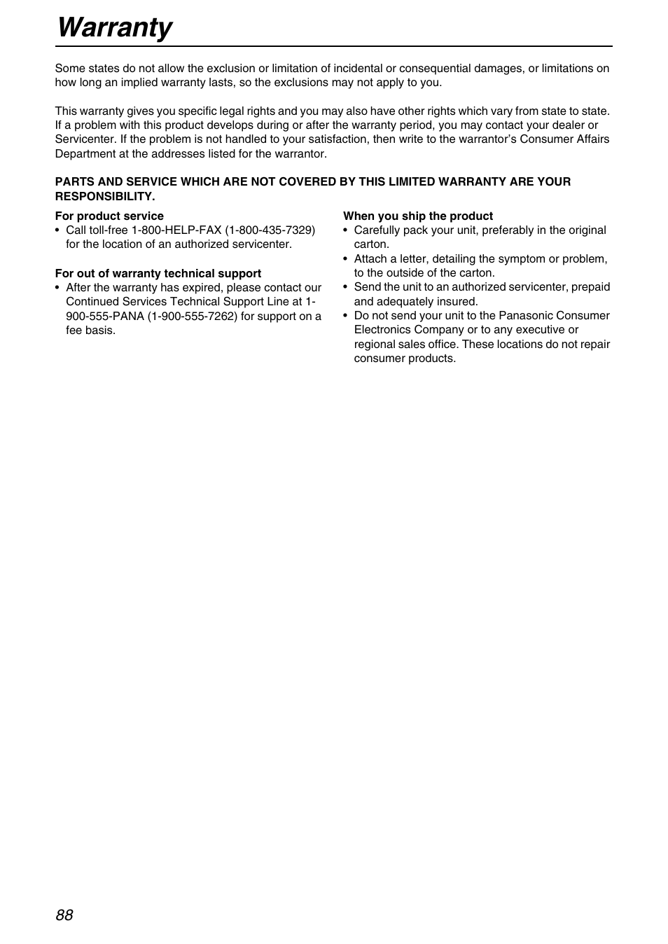 Warranty | Panasonic KX-FHD331 User Manual | Page 88 / 92