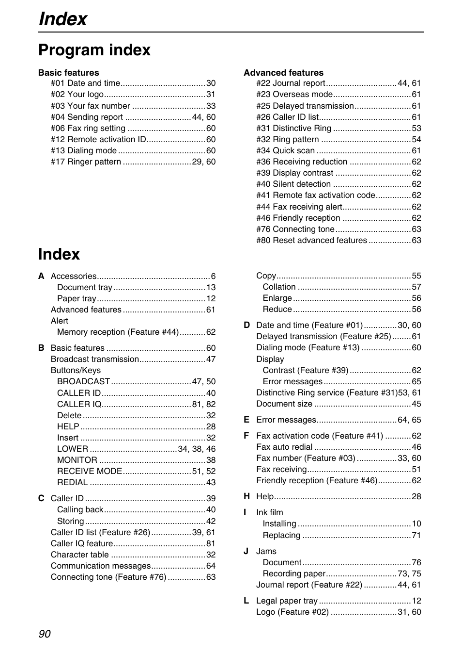 Index, Program index | Panasonic KX-FHD331 User Manual | Page 90 / 92