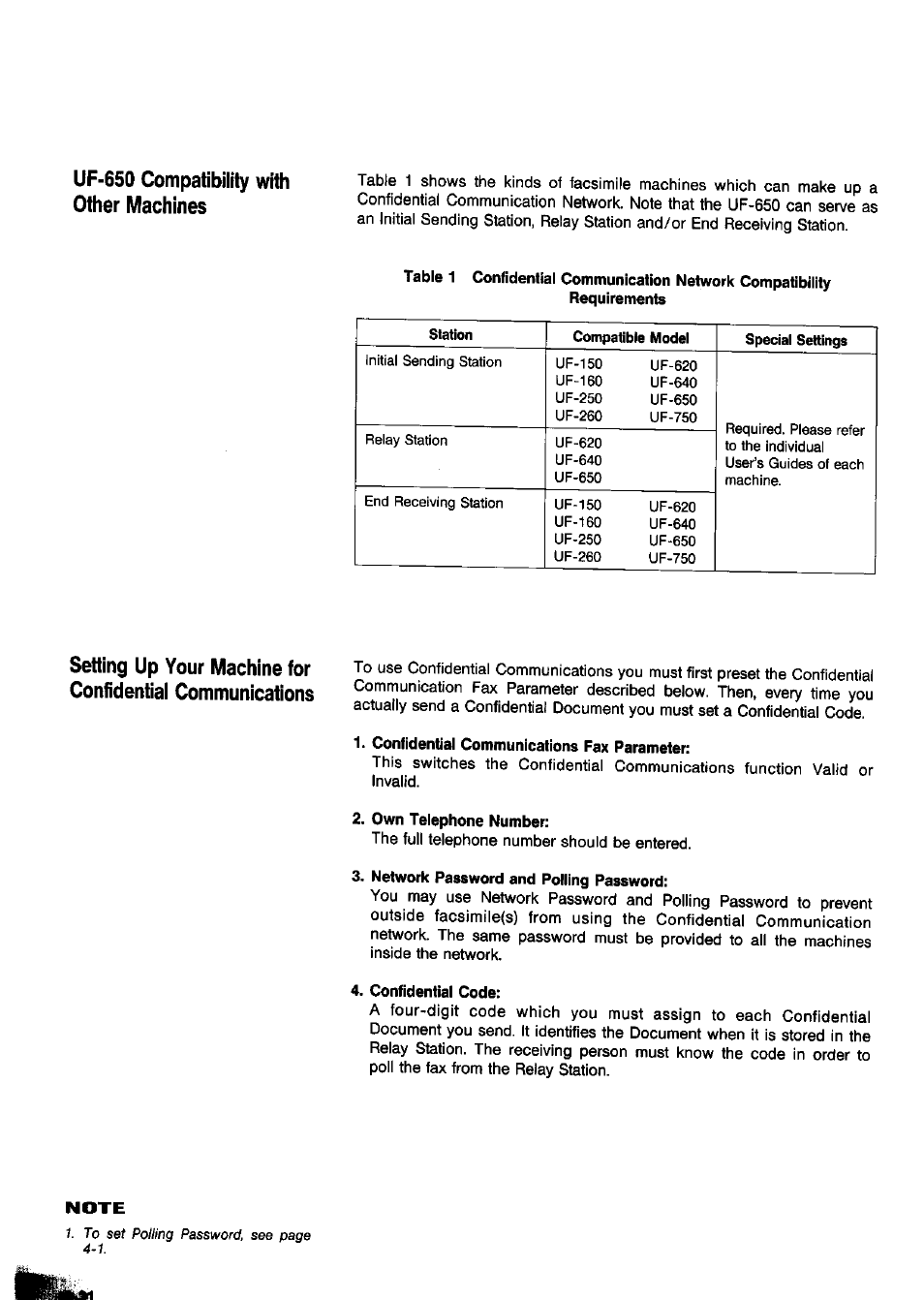 Confidential communications fax parameter, Own telephone number, Network password and polling password | Confidential code, Uf-650 compatibility with other machines | Panasonic Panafax UF-650 User Manual | Page 132 / 154