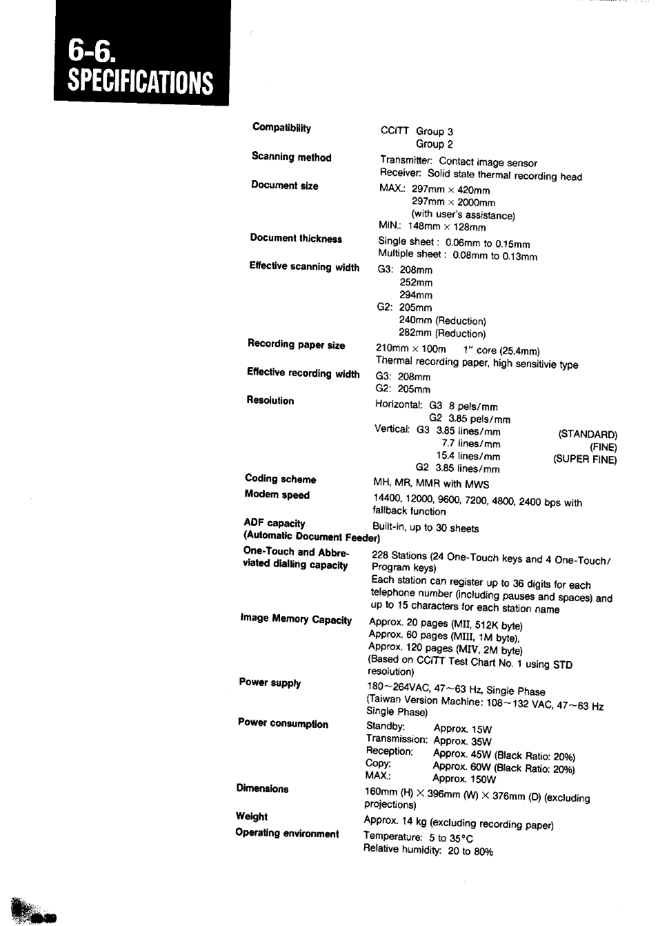 Specifications | Panasonic Panafax UF-650 User Manual | Page 150 / 154