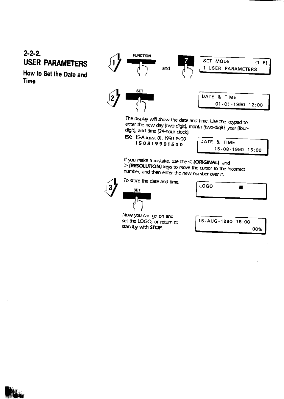 How to set the date and time, How to set the date and time -11, User parameters how to set the date and time | Panasonic Panafax UF-650 User Manual | Page 20 / 154