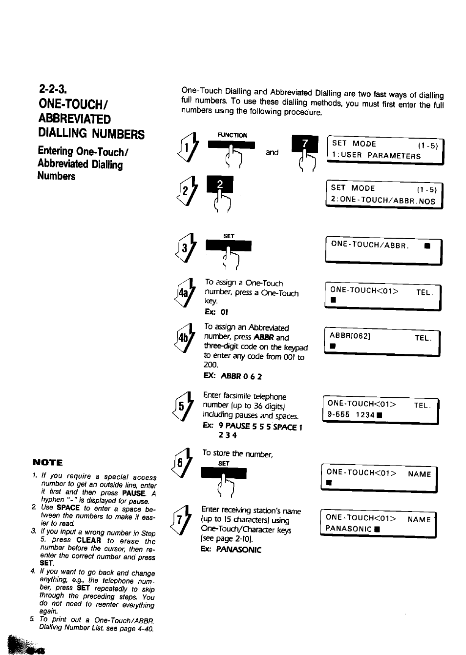 Entering one-touch/ abbreviated dialling numbers, Ex: panasonic, One-touch/abbreviated dialling numbers | Panasonic Panafax UF-650 User Manual | Page 24 / 154