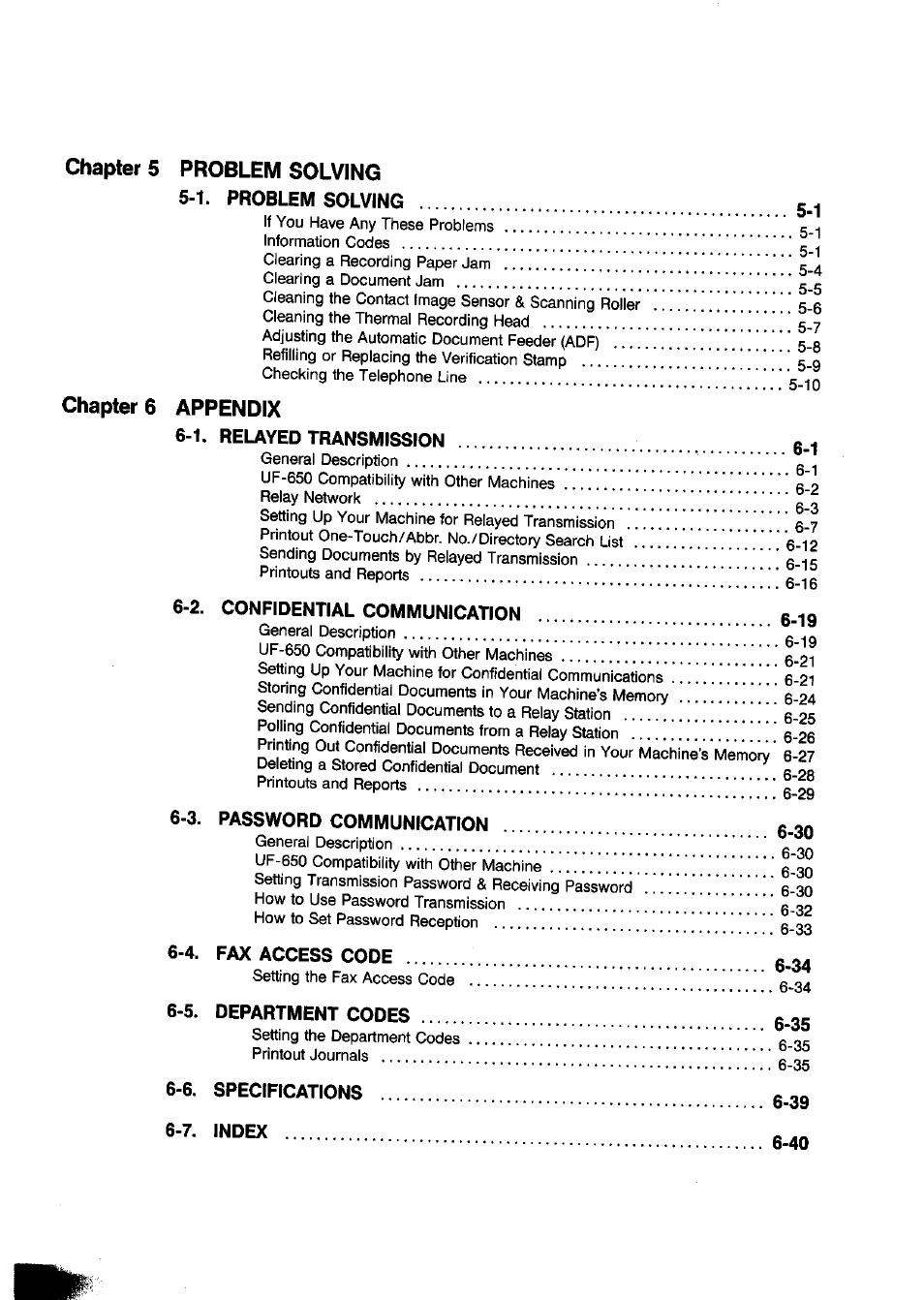 Chapters problemsolving, Chapters appendix | Panasonic Panafax UF-650 User Manual | Page 5 / 154