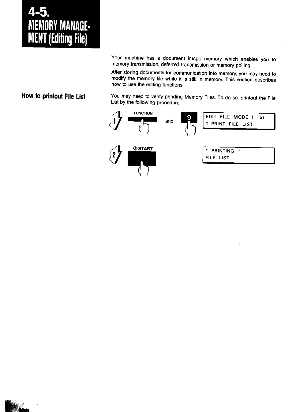 Memory management (editing file), How to printout file list, How to printout polled file -5 | 5. memory management (editing file) | Panasonic Panafax UF-650 User Manual | Page 74 / 154